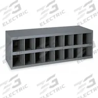 DURHAM MFG Pigeonhole Bin Unit: 34 in x 12 in x 12 in, 16 Compartments, 4 in x 11 7/8 in x 5 1/8 in (MPN 353-95). Key specifications — attr7229: Steel; attr38869: DURHAM MFG; attr38873: Gray.
