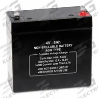 APPROVED VENDOR Sealed Lead Acid Battery: 4V DC, 9 Ah Capacity, 4 in Ht, 1.73 in Wd, 4.02 in Dp, ABS (MPN 47027). Key specifications — Terminal Connection: 0.250 in Faston; Battery Cycle Type: Dual Purpose; Brand: APPROVED VENDOR; Housing Material: ABS.