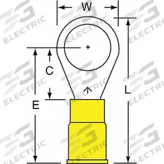 3M Ring Terminal: Yellow, Vinyl Insulation, 3/8 in Stud Size, 12 AWG to 10 AWG Wire Sizes, 600 V (MPN MVU10-38R/SK). Key specifications — attr1308027: 3M; attr1356513: MVU10.