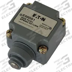 EATON Limit Switch Head: Plunger, Side, E50 Series (MPN E50DS1). Key specifications — Compatible with Series: E50; Actuator Location: Side; Brand: EATON; Action: Momentary; Arm/Operator Material: Metallic.