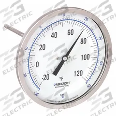 ASHCROFT Dial Thermometer: -20°F to 120°F /-30°C to 50°C, ±1% Accuracy, 4 in Stem Lg, 5 in Dial Dia (MPN 50EI60E). Key specifications — Accuracy: ±1 %; Brand: ASHCROFT.
