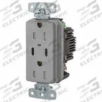 USB Receptacle: Duplex, 5-15R, 2 USB Ports, USB Type A/C, Gray, 125V AC, 15 A (MPN USB15CPDGY). Key specifications — Brand: HUBBELL.