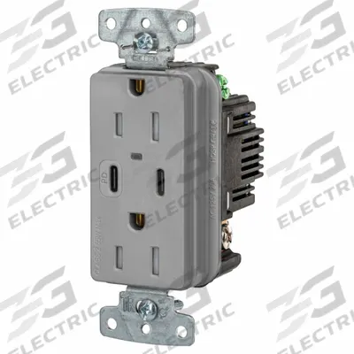 HUBBELL Receptacle: Duplex, 5-15R, 2 USB Ports, USB Type A/C, Gray, 125V AC - Weather-Resistant Receptacles with USB Chargers