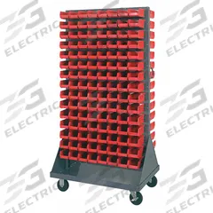 QUANTUM STORAGE SYSTEMS Mobile Louvered Floor Rack: 36 in x 24 in x 72 in, 240 Bins Included, Red (MPN QMD-36H-220RD). Key specifications — Bin Width: 4-1/8 in; Color: Gray; Caster Wheel/Configuration: (2) Rigid; Caster Wheel/Tread Material: Hard Rubber; Bin Color: Red; Bin Depth: 7-3/8 in; Bin Height: 3 in; Brand: QUANTUM STORAGE SYSTEMS.