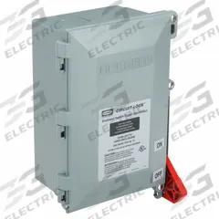 HUBBELL Enclosed Disconnect Switch: Fusible, 60 A, Three Phase, 600V AC, Non-Metallic (MPN FDS60). Key specifications — Environment: Indoor/Outdoor; Phase: Three; For Fuse Class: Class J; Handle Color: Red; Housing Material: Non-Metallic; Standards: UL 98; Brand: HUBBELL; For Environment: Indoor Rated.