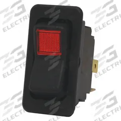 EATON Lighted Rocker Switch: 2 Positions, SPST, Off/On, Red (MPN 8005K23N313V22). Key specifications — AC Contact Rating: 10 A @ 250 V; DC Contact Rating: 15 A @ 28 V; Horsepower: 3/4 hp @ 250 V; Operator Illumination: Illuminated; Switch Color: Black; Terminal Connection Type: 1/4 in Spade; Includes Lamp Module: Lamp Module Included; Includes Lens: Lens Included.
