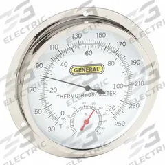 GENERAL Analog Hygrometer: 0%to 100% Humidity Range, Wall, ±4°F/±2°C (MPN 3LYU4). Key specifications — Humidity Accuracy: ±6% RH; Display Type: Dial; Brand: GENERAL.