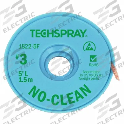 TECHSPRAY Desoldering Braid: No-Clean Flux, # 3, 0.075 in, 5 ft, Green - No-Clean Flux Desoldering Braids