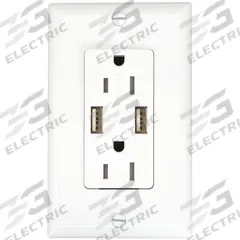 USB Receptacle: Duplex, 5-15R, 2 USB Ports, USB Type A, White, 125V AC, 15 A (MPN 62186). Key specifications — Brand: APPROVED VENDOR.