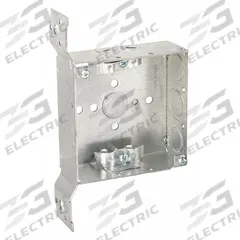 RACO Electrical Box: Steel, Steel - 4" x 4" Square Box Material & Nominal Size, Square, 2 Gangs, FS (MPN 223). Key specifications — Brand: RACO; Bracket Style: Stud Side, Raised w/Spurs; Clamp Style: NMSC.