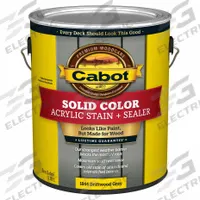 CABOT Wood Stain: Wood Stain and Sealer, Exterior, Water, 1 gal Container Size, Wood, Eggshell (MPN 140.0001844.007). Key specifications — Brand: CABOT; Transparency: Solid; Use Location: Exterior; Sheen: Eggshell; Sub-Brand: Solid Color; Color: Driftwood.