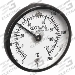 REOTEMP Magnetic Dial Thermometer: 0°F to 250°F /-20°C to 120°C, +/- 2% Full Scale Accuracy (MPN SUR25V2). Key specifications — Accuracy: +/- 2% Full Scale; Brand: REOTEMP.