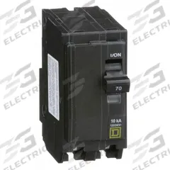 SQUARE D Miniature Circuit Breaker: 70 A, 120/240V AC, Single Phase, 10kA at 120/240V AC, 2 Poles (MPN QO270). Key specifications — Phase: Single; Amps: 70 A; AC Voltage Rating: 120/240V AC; Max. AIR Rating: 10kA at 120/240V AC; For Use With: QO Load Centers and NQ Panelboards; Brand: SQUARE D.