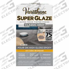 VARATHANE Finish: Finish, Interior, 32 fl oz Container Size, Classic Gray, Super Glaze (MPN 363903). Key specifications — Brand: VARATHANE; Use Location: Interior; Sub-Brand: Super Glaze; Color: Classic Gray.