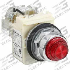 SCHNEIDER ELECTRIC Pilot Light: 30 mm Panel Mounting Size, Red, Incandescent, 9001K Series (MPN 9001KT1R31). Key specifications — Series: 9001K; Brand: SCHNEIDER; Includes Push-To-Test: Push-To-Test Included.