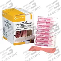 FIRST AID ONLY Adhesive Bandage: Fingertip Bandages, 1 3/4 in Wd, 1 3/4 in Lg, Not Metal Detectable (MPN G163). Key specifications — Product Type: Fingertip Bandages; Unitized: Unitized; Water Resistance: Not Water Resistant; Brand: FIRST AID ONLY; Latex Content: Latex Free; Metal Detectable: Not Metal Detectable; Package Type: Box; Manufacturer Part Number: G163.