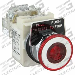 SCHNEIDER Mushroom Head Push Button: Illuminated, Mushroom Head Profile, Non-Metallic, 30 mm, SPDT (MPN 9001KR9P35LRRH13). Key specifications — Brand: SCHNEIDER; Action: Maintained; Series: 9001K; Push Button Material Type: Non-Metallic.