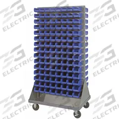 QUANTUM STORAGE SYSTEMS Mobile Louvered Floor Rack: 36 in x 24 in x 72 in, 240 Bins Included, Blue (MPN QMD-36H-220BL). Key specifications — Bin Width: 4-1/8 in; Color: Gray; Caster Wheel/Configuration: (2) Rigid; Caster Wheel/Tread Material: Hard Rubber; Bin Color: Blue; Bin Depth: 7-3/8 in; Bin Height: 3 in; Brand: QUANTUM STORAGE SYSTEMS.