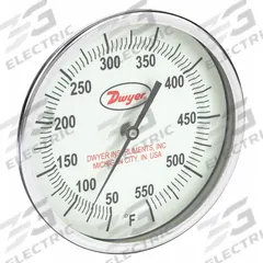 DWYER Glow-in-the-Dark Dial Thermometer: 50°F to 550°F, +/- 1% Accuracy, 5 in Dial Dia, Male (MPN GBTB59071). Key specifications — Accuracy: +/- 1%; Brand: DWYER.