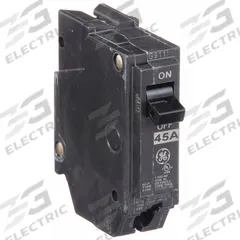 GE Miniature Circuit Breaker: THQL, 45 A, 120/240V AC, Single Phase, 10kA at 120/240V AC, Std (MPN THQL1145). Key specifications — Amps: 45 A; AC Voltage Rating: 120/240V AC; Phase: Single; Max. AIR Rating: 10kA at 120/240V AC; For Use With: Power Mark Gold Load Centers and AQ Lighting Panels.