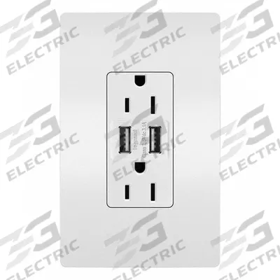 LEGRAND Receptacle: Duplex, 5-15R, 2 USB Ports, USB Type A, White, 125V AC - Weather-Resistant Receptacles with USB Chargers