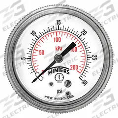 WINTERS Panel-Mount Pressure Gauge: U-Clamp, 0 psi to 30 psi, 2 in Dial, 1/4 in NPT Male, P9U 90, 5 (MPN P9U901403UC). Key specifications — Accuracy: ±2-1-2%; Brand: WINTERS; Vibration Resistance Properties: Dry Case Vibration-Dampened; Gauge Wetted Parts: Brass / Bronze.