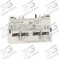 SCHNEIDER Auxiliary Contact Block: 1NO/1NC, 2.5 A Max Current (AC), Front Mount, Front-Mounted (MPN GPEFC11). Key specifications — Brand: SCHNEIDER; Compatible with Series: TeSys.