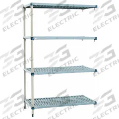 METRO Shelf Plastic Industrial Shelving (4): 18 in x 36 in, 62 in Overall Ht, 4 Shelves (MPN AQ336G3). Key specifications — Resistance Properties: Antimicrobial; Shelf Adjustment Type: Quick-Adjust; Frame Material: Steel; Shelving Material: Polymer; Brand: METRO.