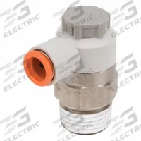 SMC Speed Control Valve: Elbow Fitting, Knob, 1/2 in Valve Body Size, 3/8 in Tube, Meter Out (MPN AS4201F-N04-11SA). Key specifications — attr947203: Brass/PBT; attr947205: SMC.
