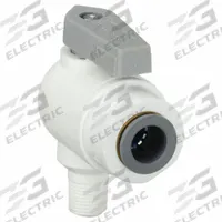 PARKER Manual Two-Way Ball Valve: 1/8 in, Polypropylene, Angle, Push x MNPT, One-Piece, Lever (MPN LFPP6VME2). Key specifications — Brand: PARKER; Handle: Lever.