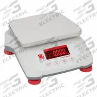 OHAUS Food Scale: 7 1/2 in Weighing Surface Dp, 9 1/2 in Weighing Surface Wd, 4 7/8 in Overall Ht (MPN V41PWE15T). Key specifications — Readability: 0.005 lb/2 g; Brand: OHAUS; IP Rating: IPX8.