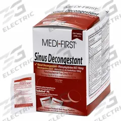 MEDI-FIRST Sinus and Allergy Reliever: Phenylephrine HCl, 250 Individual Doses, Unflavored, 250 PK (MPN 80948). Key specifications — Format: Tablet; Strength: Regular Strength; Manufacturer Part Number: 80948; Brand: MEDI-FIRST; Purpose: Nasal Decongestant; Unit Dose: 10 mg; Active Ingredient: Phenylephrine HCl; Dose Package Type: Packets.