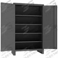 DURHAM MFG Pegboard Cabinet: 48 in x 24 in x 78 in, Swing Handle & Padlock Hasp, 12 ga Panel Thick (MPN HDCP244878-4S95). Key specifications — Cabinet Color: Gray; Method of Construction: Welded; Base Type: Legs; Assembled: Assembled; Mobility: Stationary; Adjustable Shelves: Adjustable; Cabinet Finish: Powder Coated; Cabinet Material: Steel.