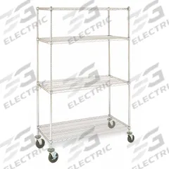 INSTOCK Metal Shelving: 36 in x 24 in x 79 in, Dry/Harsh/Wet, Split Sleeve, 4 Shelves, Silver (MPN GRMSS2436). Key specifications — Color: Silver; Recommended Environment: Wet; Post Shape: Round; Number Of Shelves: 4; Caster Wheel/Configuration: (2) Swivel; Material: Stainless Steel; Brand: INSTOCK.