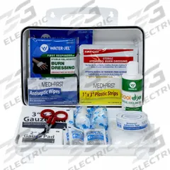 MEDI-FIRST Burn Care Kit: 2 People Served, 138 Components, Plastic Box (MPN 89611). Key specifications — Adhesive Bandages Included: (16) Bandages; Brand: MEDI-FIRST; Oral and Inhalant Medicinals Included: No Oral/Inhalant Medicinals; Wound Dressings Included: Tape; Topical Medicinals Included: (6) Burn Gel Packets.