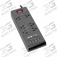 EATON TRIPP LITE Outlet Strip: 6 Outlets, 6 ft Cord Lg, 900 J Rated Energy, 15 A Current, Black (MPN TLP664USBB). Key specifications — Brand: EATON TRIPP LITE; Mounting Style: Keyhole.