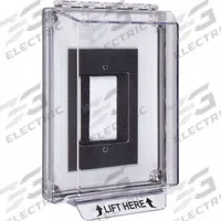 SAFETY TECHNOLOGY INTERNATIONAL Universal Stopper Cover: Polycarbonate, 1 15/16 in Overall Dp (MPN STI-14300NC). Key specifications — Manufacturer Part Number: STI-14300NC; Brand: SAFETY TECHNOLOGY INTERNATIONAL; Color: Clear; For Location: Outdoor; For Use With: Emergency Buttons; IP Rating: IP56; Includes: Mounting Hardware; Legend: LIFT HERE.