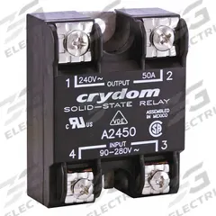 CRYDOM Solid State Relay: Surface Mounted, 50 A Max Output Current, SCR, AC Output (MPN A2450E). Key specifications — Brand: CRYDOM; Current Type: AC; Electrical Connection: Screw Clamp; Finger Safe: No; Input Current: 10 mA; Input Voltage: 18-36 VAC; Maximum Output Current without Heat Sink: 11 A; Mounting Style: Panel.