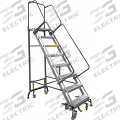 BALLYMORE Rolling Ladder: 6.7 ft Platform Ht, Unassembled, Aluminum, Foot-Activated Step Lock (MPN HY-LA-083214P). Key specifications — Folding: Not Foldable; Color: Gray; Brand: BALLYMORE; Handrail Configuration: Double Handrails.
