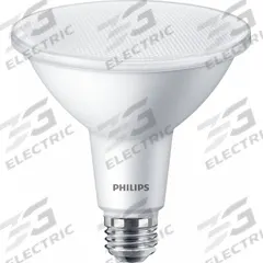 PHILIPS Compact LED Lamp: LED, PAR38, Medium Screw (E26), 13 W Watt, 3000K, 1,300 lm Light Output (MPN 13PAR38/COR/930/F40/DIM/P/ULW/T20-6/1FB). Key specifications — Bulb Finish: Clear; Color Temperature: 3000K; Shatter-Resistant: Yes; Brand: PHILIPS; Voltage: 120V; Bulb Shape: PAR38.