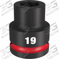 MILWAUKEE Standard Impact Socket: 3/4 in Drive Size, Metric, 19 mm Socket Size, 6-Point, Std (MPN 49-66-6357). Key specifications — attr1215501: MILWAUKEE; attr1215515: Black Phosphate; attr1215518: 19 mm.