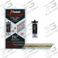 PASLODE POSITIVE PLACEMENT FUEL + NAIL PACK (MPN 650921). Key specifications — attr1171103: PASLODE; attr1171109: (800) Nails; attr1180017: Positive Placement Metal Connector Fuel Nail Pack; attr1180018: 1-1/2 in Cordless Positive Placement® Metal Connector Nailer.