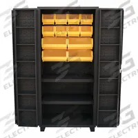 JAMCO Bin Cabinet: 36 in x 24 in 78 in, 14 Shelves, 12 Bins, Yellow, Deep Box, 14 ga Panel, Black (MPN DW236BL). Key specifications — Bin Color: Yellow; Bin HxWxD: (4) 7 in x 16-1/2 in x 14-3/4 in; Assembled: Assembled; Cabinet Style: Shelf and Bin; Brand: JAMCO; Cabinet Color: Black; Cabinet Finish: Powder Coated; Cabinet Material: Steel.