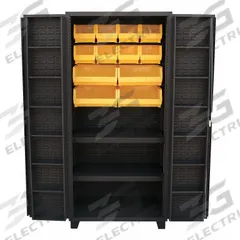 JAMCO Bin Cabinet: 36 in x 24 in 78 in, 14 Shelves, 12 Bins, Yellow, Deep Box, 14 ga Panel, Black (MPN DW236BL). Key specifications — Bin Color: Yellow; Bin HxWxD: (4) 7 in x 16-1/2 in x 14-3/4 in; Assembled: Assembled; Cabinet Style: Shelf and Bin; Brand: JAMCO; Cabinet Color: Black; Cabinet Finish: Powder Coated; Cabinet Material: Steel.