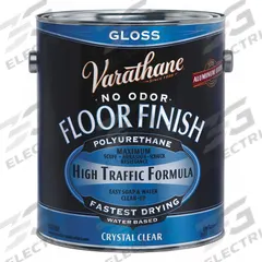 VARATHANE Finish: Finish, Interior, Water, 1 gal Container Size, Wood, Gloss, Crystal Clear, Clear (MPN 230031). Key specifications — Brand: VARATHANE; Transparency: Clear; Use Location: Interior; Sheen: Gloss; Sub-Brand: Floor Finish; Color: Crystal Clear.