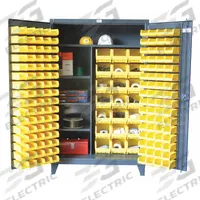 STRONG HOLD Bin Cabinet: 48 in x 24 in 78 in, 4 Shelves, 165 Bins, Yellow, Flush, 12 ga Panel, Gray (MPN 46-BSCW-241-3WLR). Key specifications — Bin Color: Yellow; Bin HxWxD: (21) 7 in x 8-1/4 in x 14-3/4 in; Assembled: Assembled; Cabinet Style: Shelf and Bin; Brand: STRONG HOLD; Cabinet Color: Gray; Cabinet Finish: Baked Enamel; Cabinet Material: Steel.