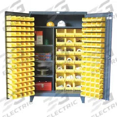 STRONG HOLD Bin Cabinet: 48 in x 24 in 78 in, 4 Shelves, 165 Bins, Yellow, Flush, 12 ga Panel, Gray (MPN 46-BSCW-241-3WLR). Key specifications — Bin Color: Yellow; Bin HxWxD: (21) 7 in x 8-1/4 in x 14-3/4 in; Assembled: Assembled; Cabinet Style: Shelf and Bin; Brand: STRONG HOLD; Cabinet Color: Gray; Cabinet Finish: Baked Enamel; Cabinet Material: Steel.