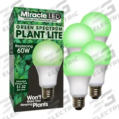 LED Grow Bulb: LED, A19, 120V, Green, 60 W Incandescent Watt Equivalency (MPN 601823). Key specifications — attr1259935: MIRACLE LED; attr1259941: A19; attr1259954: Green.