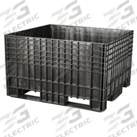 BUCKHORN Bulk Container: 25.9 cu ft, 48 in x 44 in x 29 3/8 in, Lid Not Included, 4-Way Entry, Black (MPN BF4844290010000). Key specifications — Brand: BUCKHORN; Stackable: Stacking Capable; Shape: Rectangular; Runner Location: Short Side; Fork Entry: 4-Way Entry; Container Wall Type: Solid; Mobility: Stationary; Collapsible: Rigid.