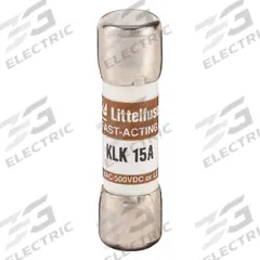 LITTELFUSE Fuse: KLK Series, Midget, Fast-Acting, 15 A, 600 V AC, 500 V DC, 13/32 in x 1 1/2 in (MPN KLK015). Key specifications — attr1287209: KLK; attr211192: LITTELFUSE.